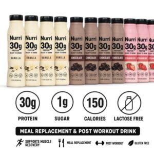 Nurri 30g Protein Shake Ready to Drink, 12 Pack Variety (4 Vanilla, 4 Chocolate, 4 Strawberry) – 1g Sugar, 150 Calories, Lactose Free, Meal Replacement & Post Workout Drink