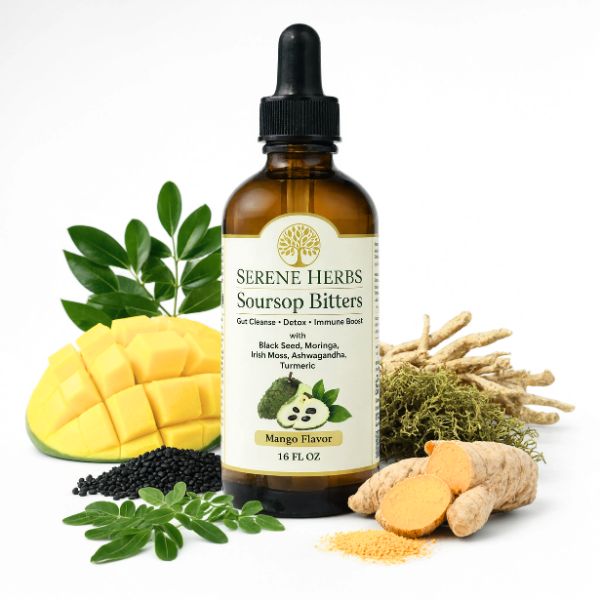 Serene Herbs Soursop Bitters Liquid with Soursop Leaves for Gut Cleanse, Detox & Immune Boost with Black Seed, Moringa, Irish Moss, Ashwagandha, Turmeric, 16 fl oz (Pack of 1), Mango
