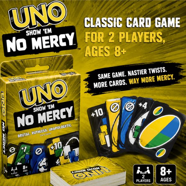 Mattel Games UNO Show ‘em No Mercy Card Game for Kids, Adults & Family Parties & Travel with Extra Cards, Special Rules & Tougher Penalties